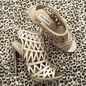 Steve Madden Bratt Gold Pewter Metallic Laser Cut Caged Stiletto Heels, 8M, NWOT